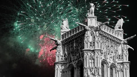 Fireworks over the Saint-Jacques Tower (Tour Saint-Jacques). Paris, France Stock Footage 253640801