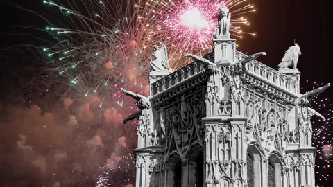 Fireworks over the Saint-Jacques Tower (Tour Saint-Jacques). Paris, France Stock Footage 253640822