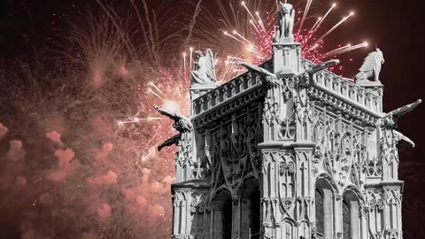 Fireworks over the Saint-Jacques Tower (Tour Saint-Jacques). Paris, France Stock Footage 253640823