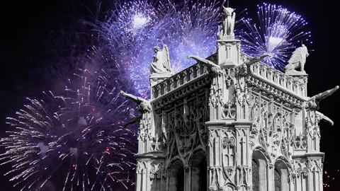 Fireworks over the Saint-Jacques Tower (Tour Saint-Jacques). Paris, France Stock Footage 253640829