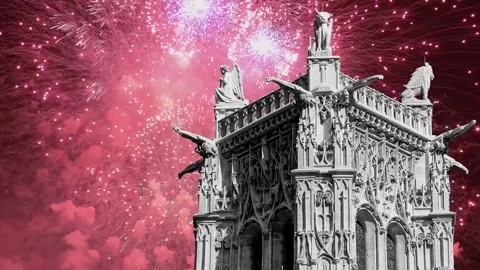 Fireworks over the Saint-Jacques Tower (Tour Saint-Jacques). Paris, France Stock Footage 253640835