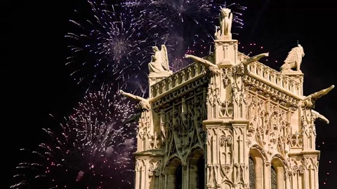 Fireworks over the Saint-Jacques Tower (Tour Saint-Jacques). Paris, France Stock Footage 253640837