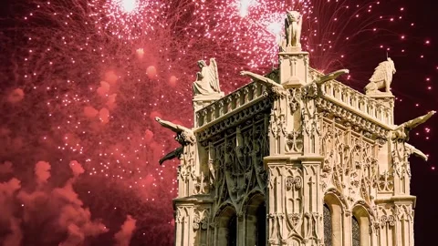 Fireworks over the Saint-Jacques Tower (Tour Saint-Jacques). Paris, France Stock Footage 253640860