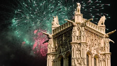 Fireworks over the Saint-Jacques Tower (Tour Saint-Jacques). Paris, France Stock Footage 253640865