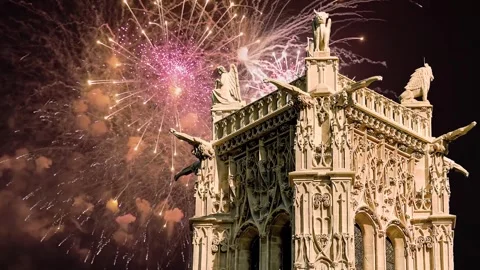 Fireworks over the Saint-Jacques Tower (Tour Saint-Jacques). Paris, France Stock Footage 253640874