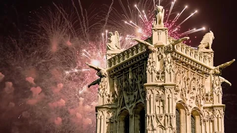 Fireworks over the Saint-Jacques Tower (Tour Saint-Jacques). Paris, France Stock Footage 253640886