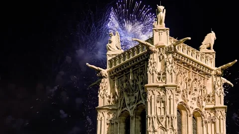 Fireworks over the Saint-Jacques Tower (Tour Saint-Jacques). Paris, France Stock Footage 253640890