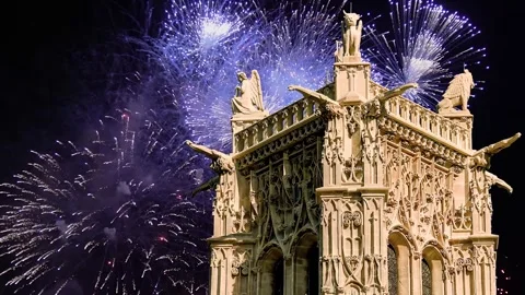 Fireworks over the Saint-Jacques Tower (Tour Saint-Jacques). Paris, France Stock Footage 253640899
