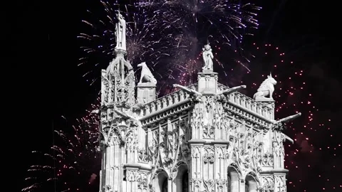 Fireworks over the Saint-Jacques Tower (Tour Saint-Jacques). Paris, France Stock Footage 253640906
