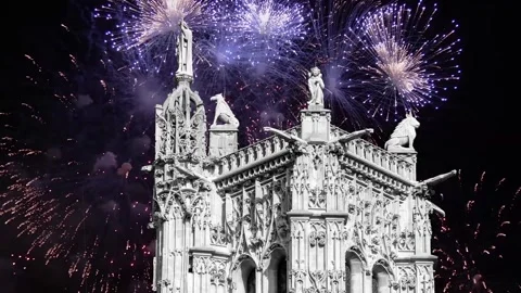 Fireworks over the Saint-Jacques Tower (Tour Saint-Jacques). Paris, France Stock Footage 253640910