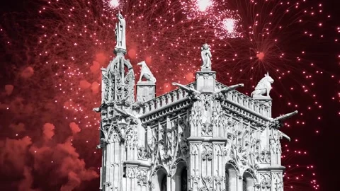 Fireworks over the Saint-Jacques Tower (Tour Saint-Jacques). Paris, France Stock Footage 253640914