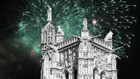 Fireworks over the Saint-Jacques Tower (Tour Saint-Jacques). Paris, France Stock Footage 253640916
