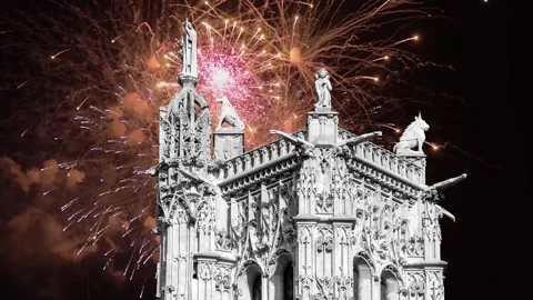 Fireworks over the Saint-Jacques Tower (Tour Saint-Jacques). Paris, France Stock Footage 253640922