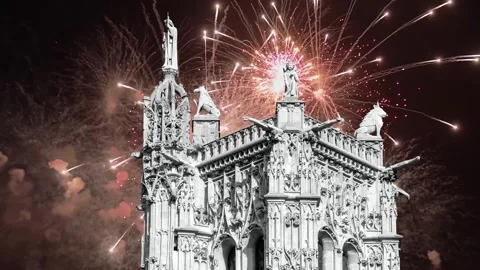 Fireworks over the Saint-Jacques Tower (Tour Saint-Jacques). Paris, France Stock Footage 253640931