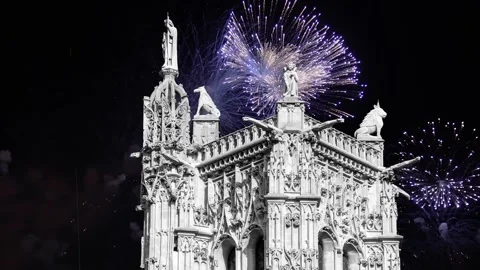 Fireworks over the Saint-Jacques Tower (Tour Saint-Jacques). Paris, France Stock Footage 253640933