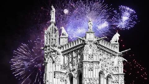 Fireworks over the Saint-Jacques Tower (Tour Saint-Jacques). Paris, France Stock Footage 253640936