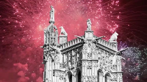 Fireworks over the Saint-Jacques Tower (Tour Saint-Jacques). Paris, France Stock Footage 253640937