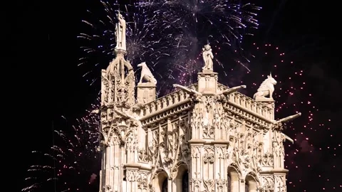 Fireworks over the Saint-Jacques Tower (Tour Saint-Jacques). Paris, France Stock Footage 253640938