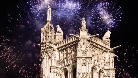 Fireworks over the Saint-Jacques Tower (Tour Saint-Jacques). Paris, France Stock Footage 253640943
