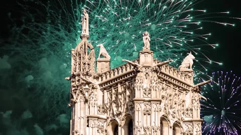 Fireworks over the Saint-Jacques Tower (Tour Saint-Jacques). Paris, France Stock Footage 253640944