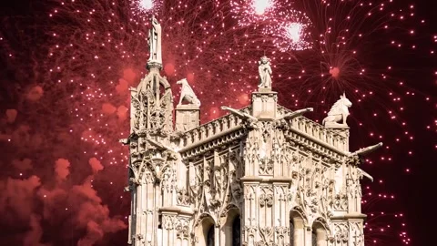 Fireworks over the Saint-Jacques Tower (Tour Saint-Jacques). Paris, France Stock Footage 253640946