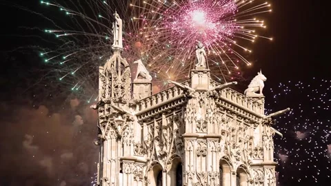 Fireworks over the Saint-Jacques Tower (Tour Saint-Jacques). Paris, France Stock Footage 253640959