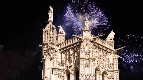 Fireworks over the Saint-Jacques Tower (Tour Saint-Jacques). Paris, France Stock Footage 253640962