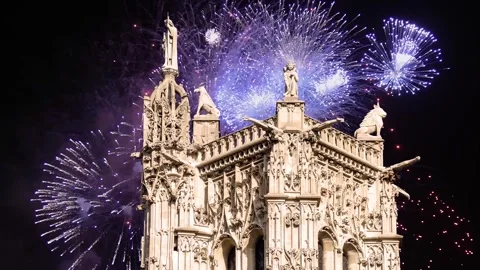 Fireworks over the Saint-Jacques Tower (Tour Saint-Jacques). Paris, France Stock Footage 253640964