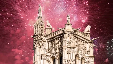 Fireworks over the Saint-Jacques Tower (Tour Saint-Jacques). Paris, France Stock Footage 253640965