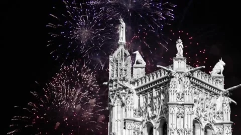 Fireworks over the Saint-Jacques Tower (Tour Saint-Jacques). Paris, France Stock Footage 253640969