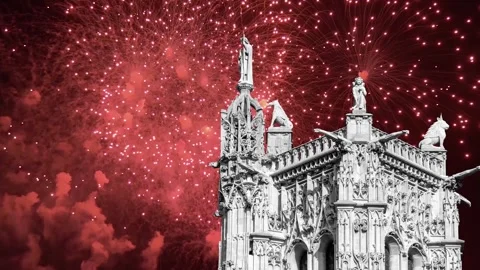 Fireworks over the Saint-Jacques Tower (Tour Saint-Jacques). Paris, France Stock Footage 253640975