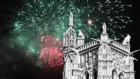 Fireworks over the Saint-Jacques Tower (Tour Saint-Jacques). Paris, France Stock Footage 253640979
