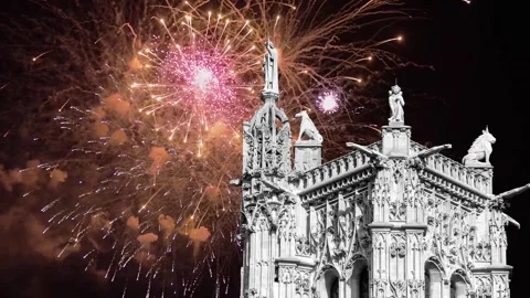 Fireworks over the Saint-Jacques Tower (Tour Saint-Jacques). Paris, France Stock Footage 253640982
