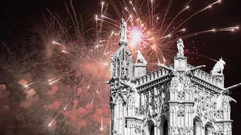 Fireworks over the Saint-Jacques Tower (Tour Saint-Jacques). Paris, France Stock Footage 253640995