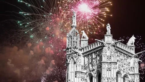 Fireworks over the Saint-Jacques Tower (Tour Saint-Jacques). Paris, France Stock Footage 253640996
