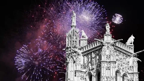 Fireworks over the Saint-Jacques Tower (Tour Saint-Jacques). Paris, France Stock Footage 253641004