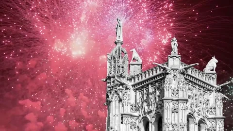 Fireworks over the Saint-Jacques Tower (Tour Saint-Jacques). Paris, France Stock Footage 253641006