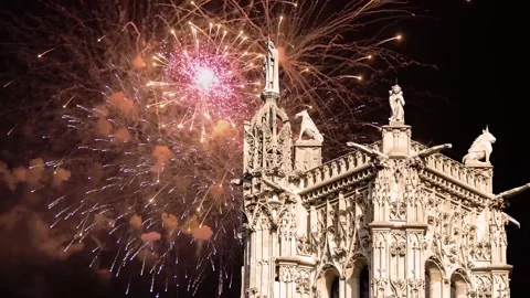 Fireworks over the Saint-Jacques Tower (Tour Saint-Jacques). Paris, France Stock Footage 253641027