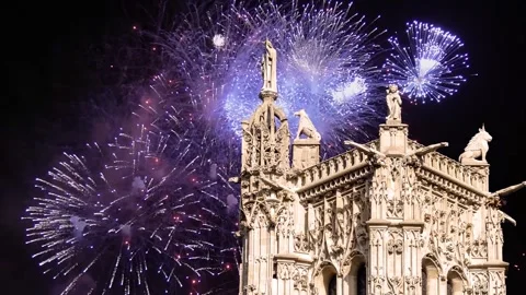 Fireworks over the Saint-Jacques Tower (Tour Saint-Jacques). Paris, France Stock Footage 253641053
