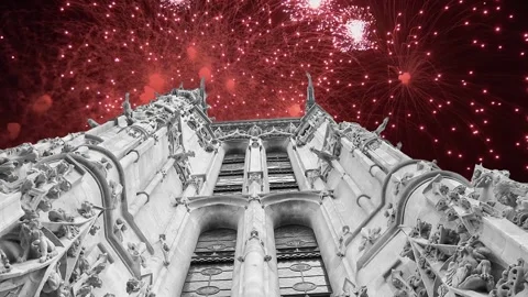 Fireworks over the Saint-Jacques Tower (Tour Saint-Jacques). Paris, France Stock Footage 253641058