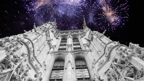 Fireworks over the Saint-Jacques Tower (Tour Saint-Jacques). Paris, France Stock Footage 253641059