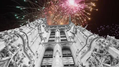 Fireworks over the Saint-Jacques Tower (Tour Saint-Jacques). Paris, France Stock Footage 253641089