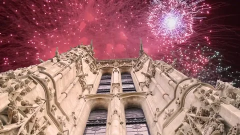 Fireworks over the Saint-Jacques Tower (Tour Saint-Jacques). Paris, France Stock Footage 253641209