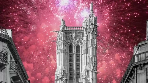 Fireworks over the Saint-Jacques Tower (Tour Saint-Jacques). Paris, France Stock Footage 253641256