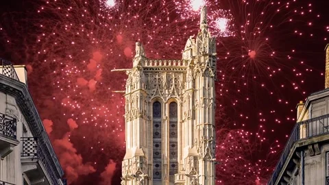 Fireworks over the Saint-Jacques Tower (Tour Saint-Jacques). Paris, France Stock Footage 253641271