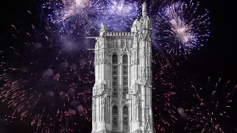 Fireworks over the Saint-Jacques Tower (Tour Saint-Jacques). Paris, France Stock Footage 253641294