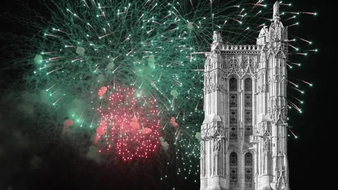 Fireworks over the Saint-Jacques Tower (Tour Saint-Jacques). Paris, France Stock Footage 253641404