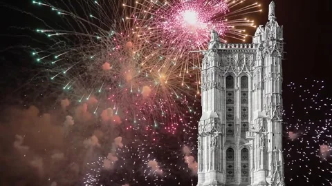 Fireworks over the Saint-Jacques Tower (Tour Saint-Jacques). Paris, France Stock Footage 253641418