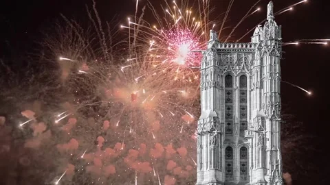 Fireworks over the Saint-Jacques Tower (Tour Saint-Jacques). Paris, France Stock Footage 253641422