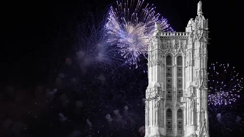 Fireworks over the Saint-Jacques Tower (Tour Saint-Jacques). Paris, France Stock Footage 253641423